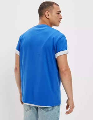 T Shirt Graphique American Eagle AE Super Soft Logo Bleu Homme | NQB-09548133